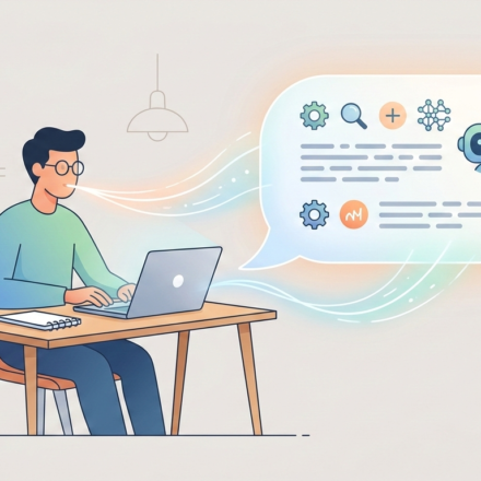 A male researcher working on a laptop, interacting with a digital AI dialogue bubble showing research icons.