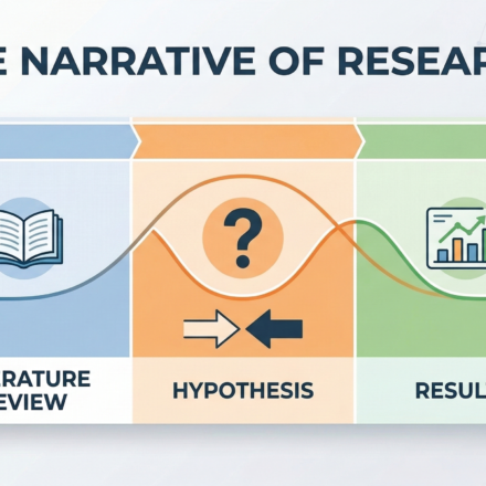 Infographic illustrating the three-act storytelling structure for academic papers, including Literature Review, Hypothesis, and Results.