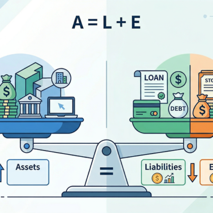 A modern flat-design balance scale illustrating the accounting equation Assets equals Liabilities plus Equity, featuring icons for cash, buildings, debt, and stocks.