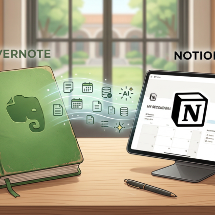 A conceptual illustration of an academic's transition from Evernote to Notion, showing data icons like calendars and AI symbols moving from a green book into a modern digital tablet on a professor's desk.