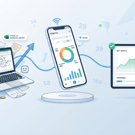 Infographic illustrating the progression of personal finance from manual Excel spreadsheets and paper receipts to automated budgeting apps on smartphones, resulting in a clear financial health dashboard on a tablet.