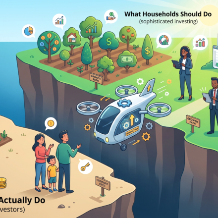 An illustration of the household finance puzzle, showing a cliff separating hesitant, naive investors using basic savings from sophisticated investors with diversified portfolios, highlighting the gap financial innovation struggles to cross.