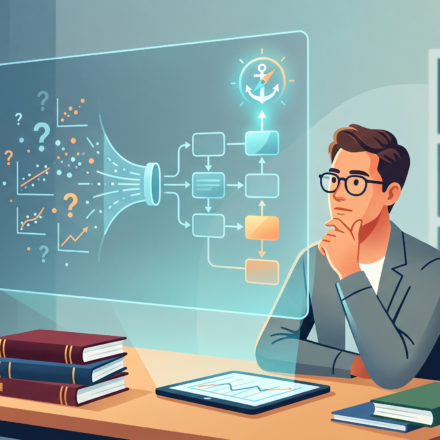 A researcher analyzing a holographic data funnel, representing the transformation of raw data into credible academic knowledge in the AI era.