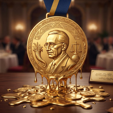 A golden Nobel-style medal featuring the portrait of economist Friedrich Hayek melting onto a wooden desk, symbolizing the misuse of intellectual authority.